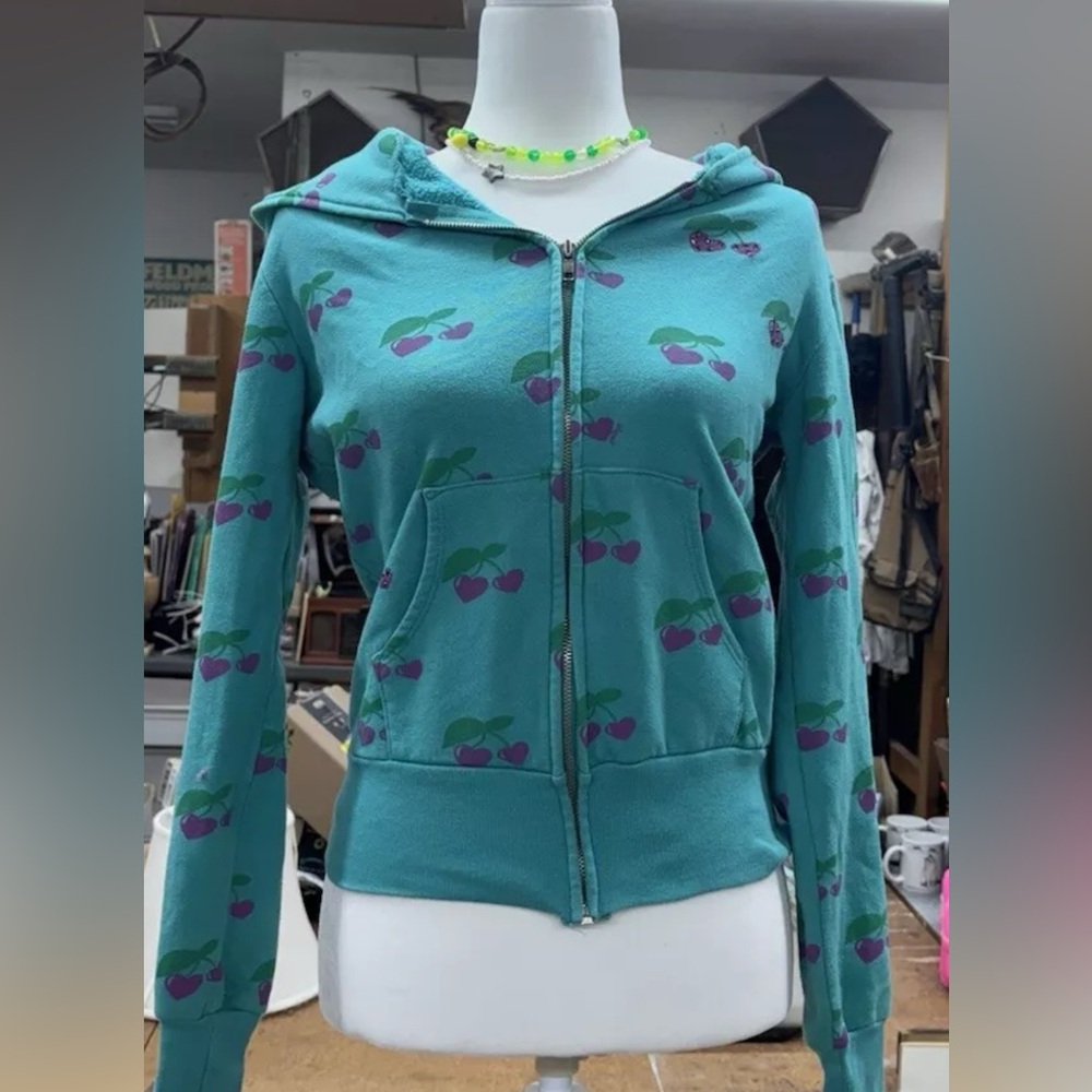 Primp y2k Women's blue heart Cherry Print Hoodie small